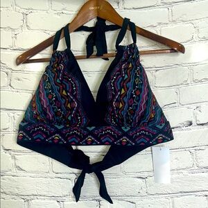 Meet Curve Black & Colorful Pattered Halter Style Swimsuit Top Size 3XL New